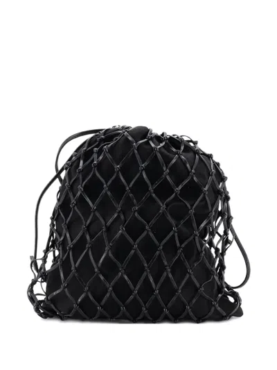Pre-owned Prada Fishnet Chain Crossbody Bag Woven Leather And Satin Bucket Bag In Black