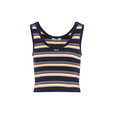 Prada Fitted Scoop Neck Top With Vibrant Striped Pattern In Blue