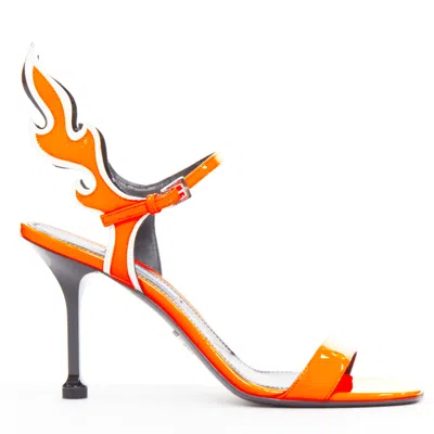 Pre-owned Prada Flame Bright Orange Patent Fire Mid Heel Sandals
