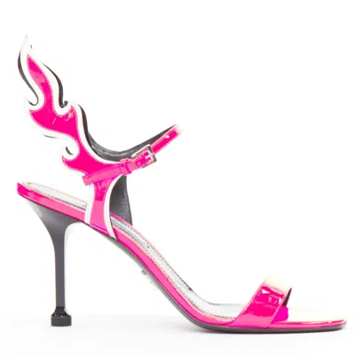 Pre-owned Prada Flame Pink Patent Fire Mid Heel Sandals