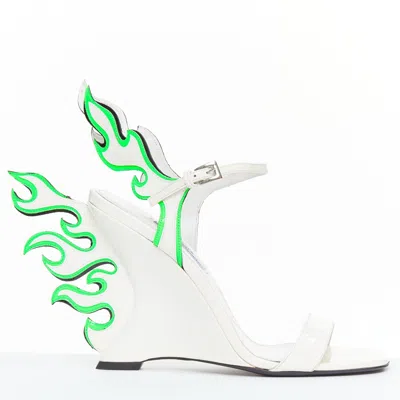 Prada Flame Wedge White Neon Green Patent Fire Heel Sandals