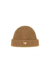 Prada Wool Triangle Beanie In Camel