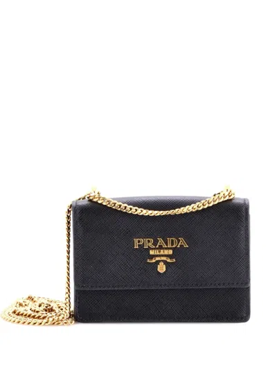 Pre-owned Prada Flap Card Holder With Chain Saffiano Leather Mini Crossbody Bag In Black