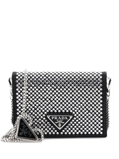 Pre-owned Prada Flap Card Holder With Chain Satin With Crystals Crossbody Bag In Black