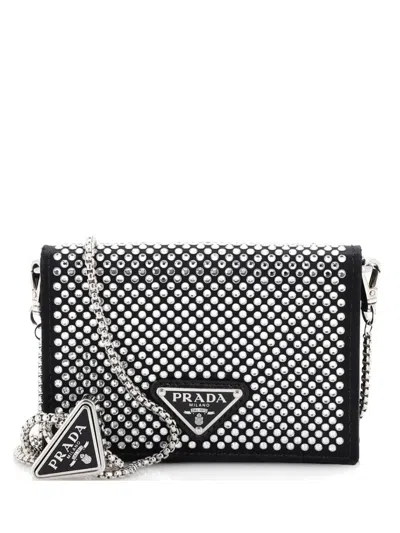 Pre-owned Prada Flap Card Holder With Chain Satin With Crystals Crossbody Bag In Black