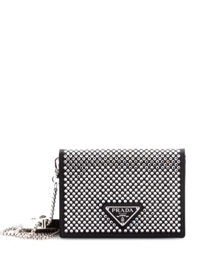 Pre-owned Prada Flap Card Holder With Chain Satin With Crystals Crossbody Bag In Black