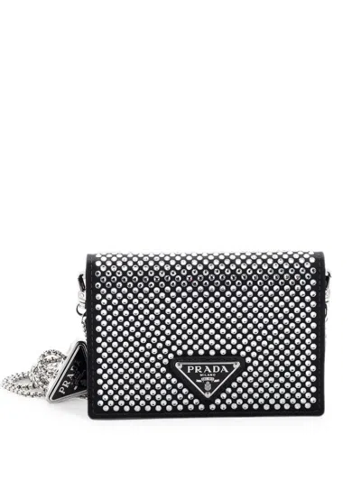 Pre-owned Prada Flap Card Holder With Chain Satin With Crystals Crossbody Bag In Black