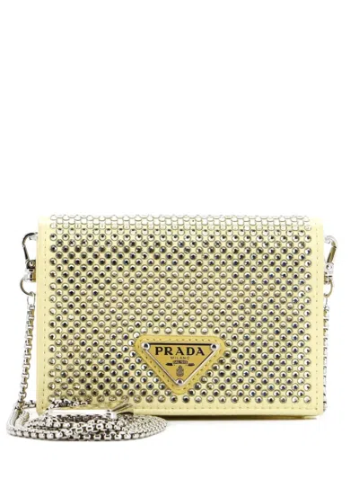 Pre-owned Prada Flap Card Holder With Chain Satin With Crystals Crossbody Bag In Yellow