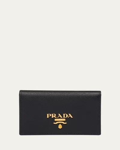Prada Flap Leather Wallet In Nero