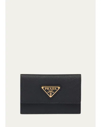 Prada Flap Saffiano Leather Wallet In Nero