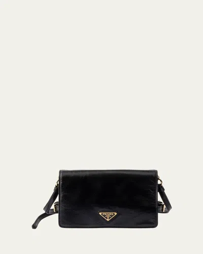 Prada Flap Soft Leather Shoulder Bag In Nero