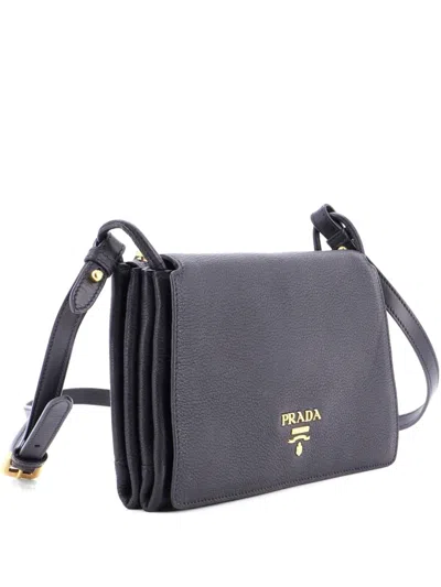 Pre-owned Prada Flap Vitello Daino Medium Crossbody Bag In Black