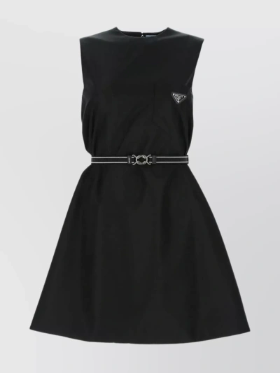 Prada Flared Belted A-line Dress In Black