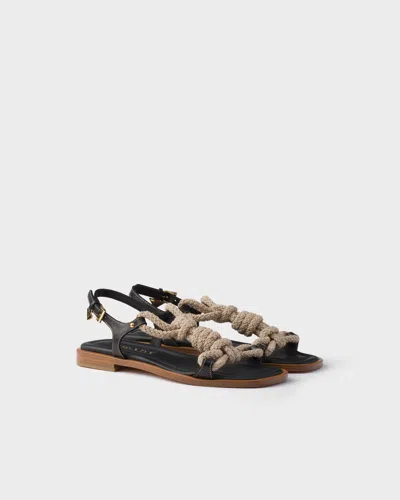 Prada Flat Leather And Cord Sandals In Brown