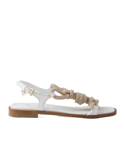 Prada Flat Leather And Cord Sandals In White
