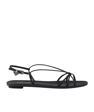 Prada Leather Flat Sandals Women In Black