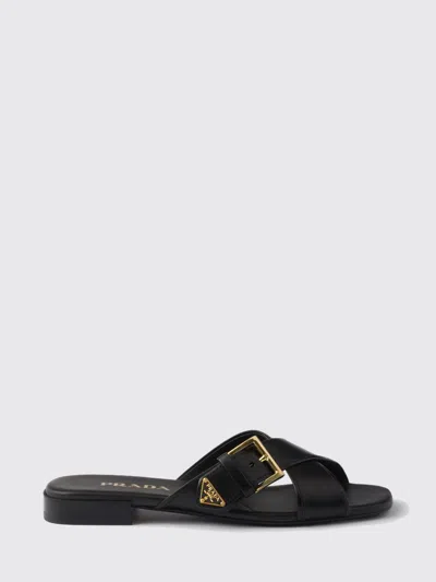 Prada Leather Crisscross Slides With Buckle Shoes In Black