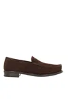 Prada Suede Loafers With Round Toe And Stitching In Brown