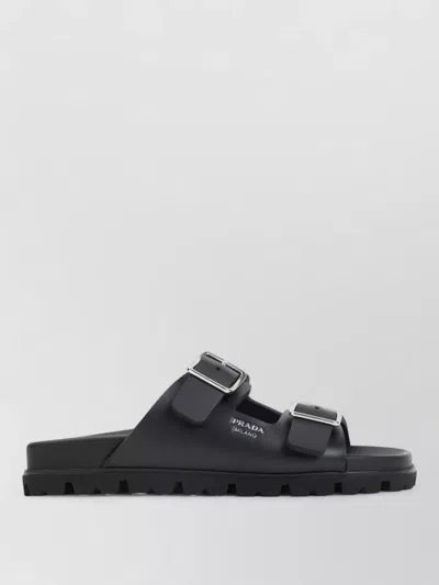 Prada Flat Sole Open Toe Leather Sandals In Black