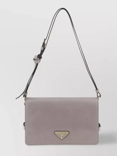 Prada Flat Strap Leather Shoulder Bag Zipper Pocket In Grey