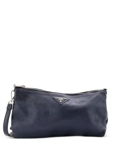 Pre-owned Prada Flat Zip Vitello Daino Mini Crossbody Bag In Blue