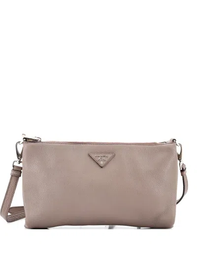 Pre-owned Prada Flat Zip Vitello Daino Mini Crossbody Bag In Gray