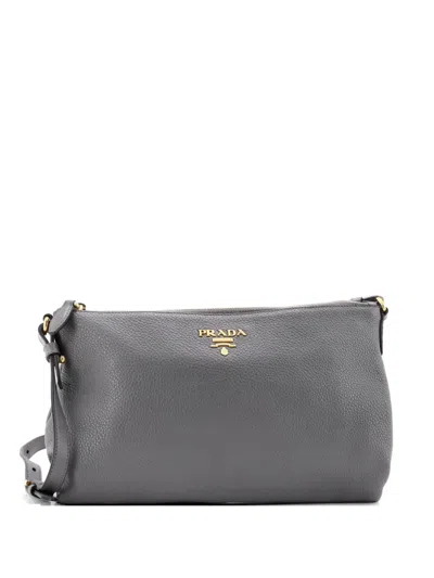 Pre-owned Prada Flat Zip Vitello Daino Mini Crossbody Bag In Gray