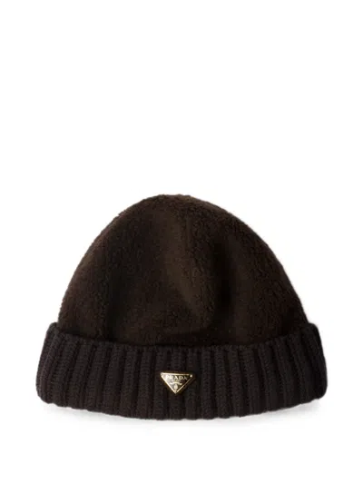 Prada Fleece And Wool Beanie In Brown