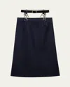 Prada Floating Leather Belt Wool Midi Skirt In F0008 Bleu