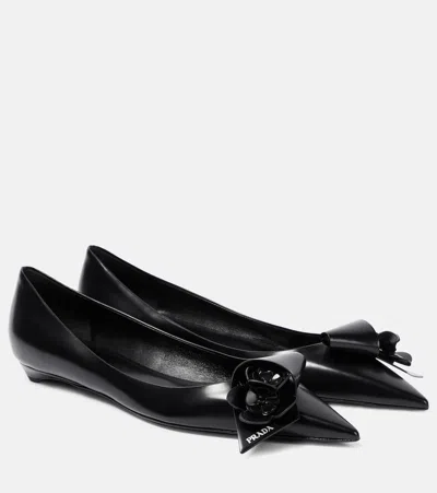 Prada Floral-appliqué Leather Ballet Flats In Black
