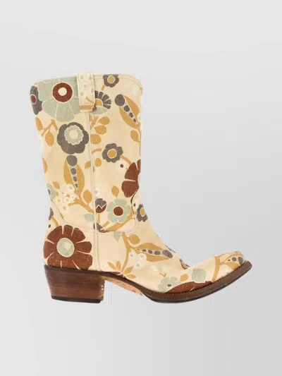 PRADA FLORAL BLOCK HEEL MID-CALF CANVAS BOOTS