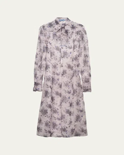 PRADA FLORAL CHIFFON SCARF-COLLAR MIDI DRESS