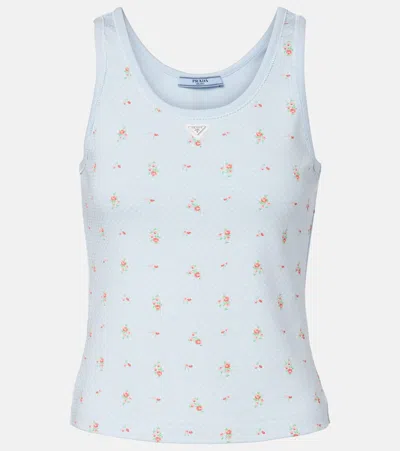 Prada Floral Cotton-blend Tank Top In Blue