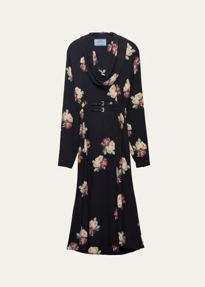 Prada Floral Cowl-neck Leather Belted Midi Dress In Black