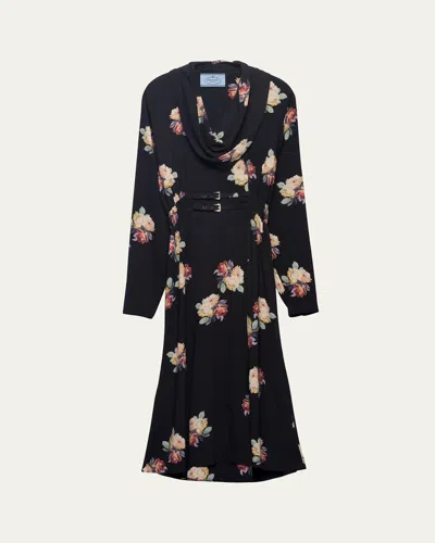 PRADA FLORAL COWL-NECK LEATHER BELTED MIDI DRESS