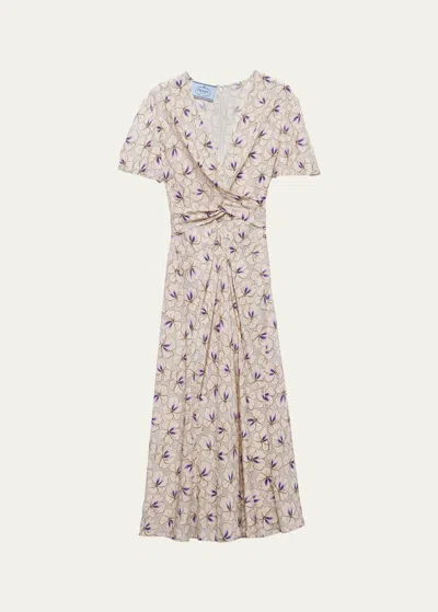 Prada Floral Crossover Midi Dress In Nube