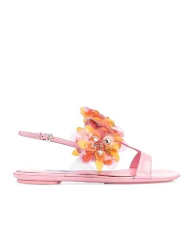 Prada Floral Detail Flat Sandals In Pink