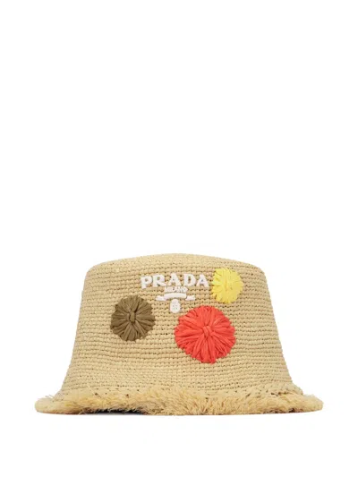 Prada Floral-detail Fringed Hat In Neutral