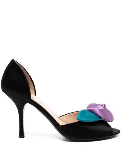 Pre-owned Prada Floral Detail Peep Toe Pumps In Black