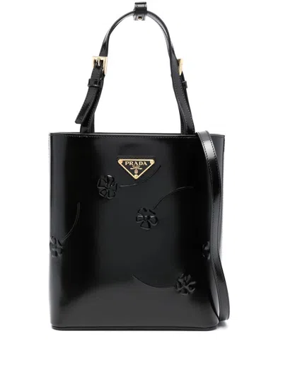 Prada Floral-embossed Leather Tote Bag In Black