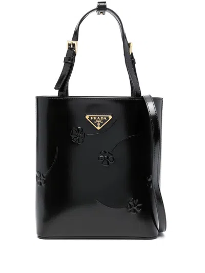 Prada Floral-embossed Leather Tote Bag In Black