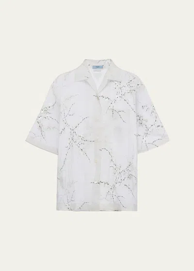 Prada Floral Embroidered Button Down Shirt In F0009 Bianco