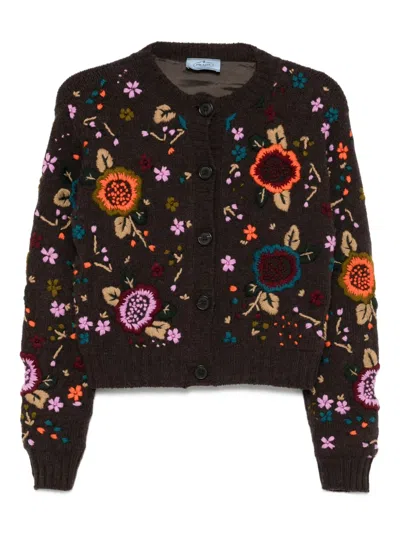 Pre-owned Prada Floral-embroidered Cardigan In Brown