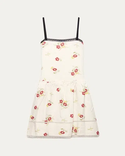 Prada Floral Embroidered Linen Mini Dress In White