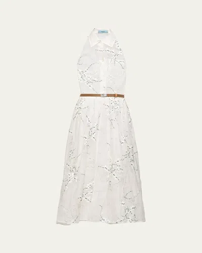 PRADA FLORAL EMBROIDERED ORGANZA FIT-FLARE MIDI DRESS