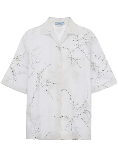 Prada Floral-embroidered Short-sleeved Sheer Shirt
