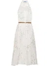 Prada Floral Embroidered Silk Midi Dress In Bianco