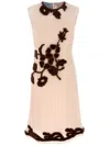 Prada Georgette Dress With Floral Appliqué And Tie Waist In Neutrals