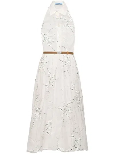 PRADA PRADA FLORAL-EMBROIDERED SILK MIDI DRESS