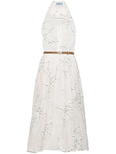 Prada Floral Embroidered Silk Midi Dress In White